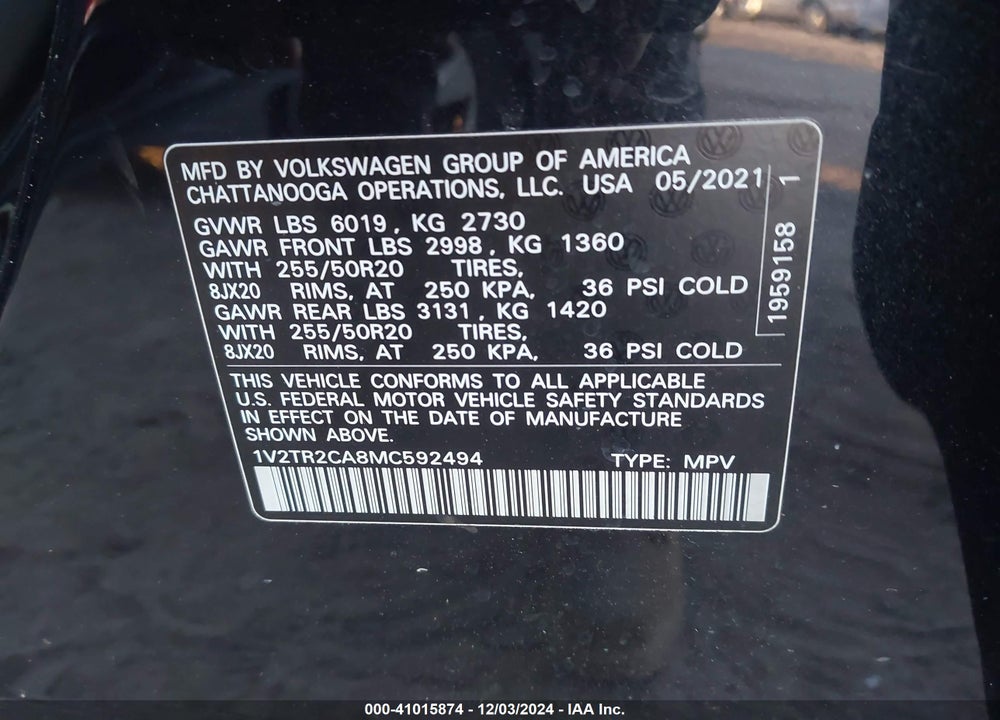 2021 VOLKSWAGEN ATLAS 3.6L V6 SEL PREMIUM VIN: 1V2TR2CA8MC592494