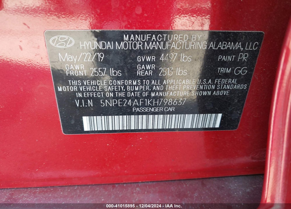 2019 HYUNDAI SONATA SE VIN: 5NPE24AF1KH798637