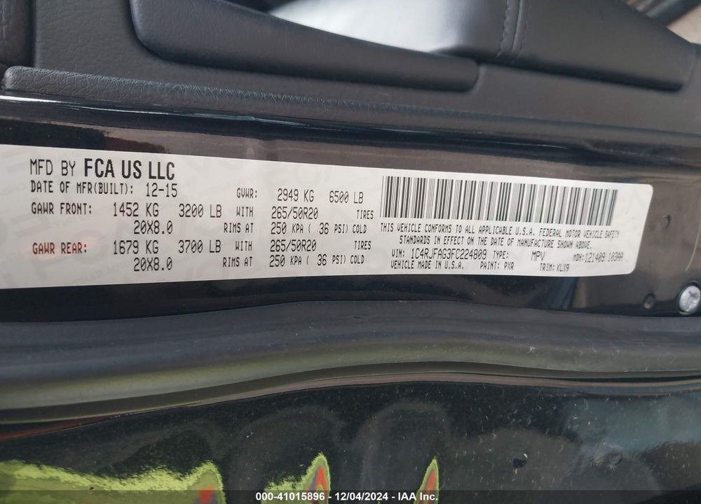 2015 JEEP GRAND CHEROKEE VIN: 1C4RJFAG3FC224809