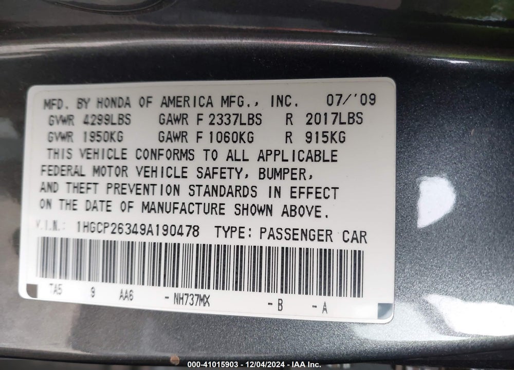 2009 HONDA ACCORD 2.4 LX VIN: 1HGCP26349A190478