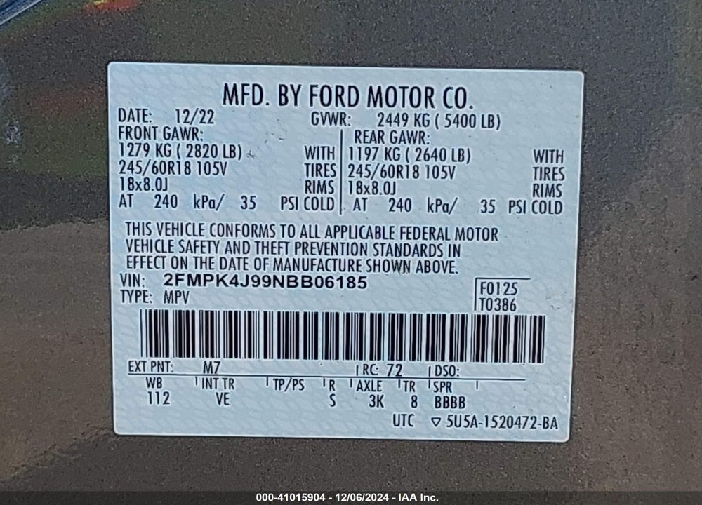 2022 FORD EDGE SEL VIN: 2FMPK4J99NBB06185