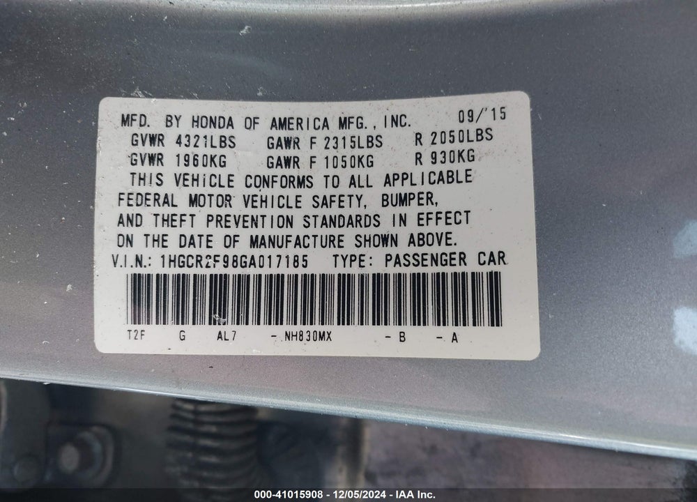 2016 HONDA ACCORD VIN: 1HGCR2F98GA017185