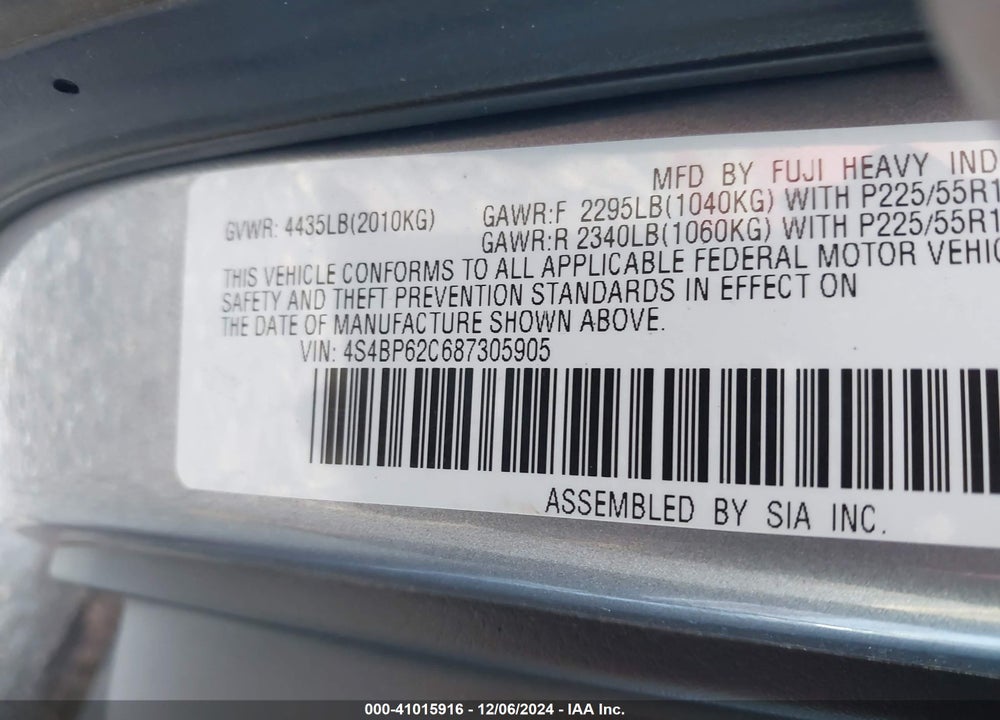 2008 SUBARU OUTBACK 2.5I LIMITED/2.5I LIMITED L.L. BEAN EDITION VIN: 4S4BP62C687305905