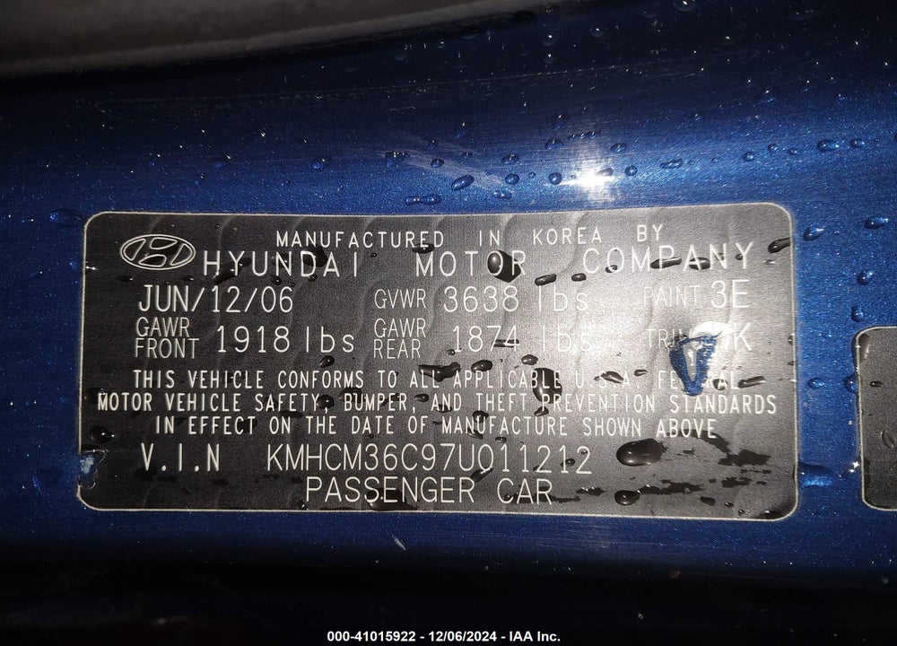 2007 HYUNDAI ACCENT GS VIN: KMHCM36C97U011212