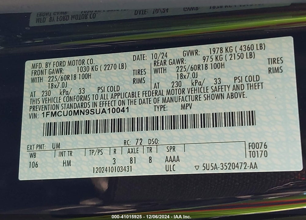 2025 FORD ESCAPE ST LINE VIN: 1FMCU0MN9SUA10041
