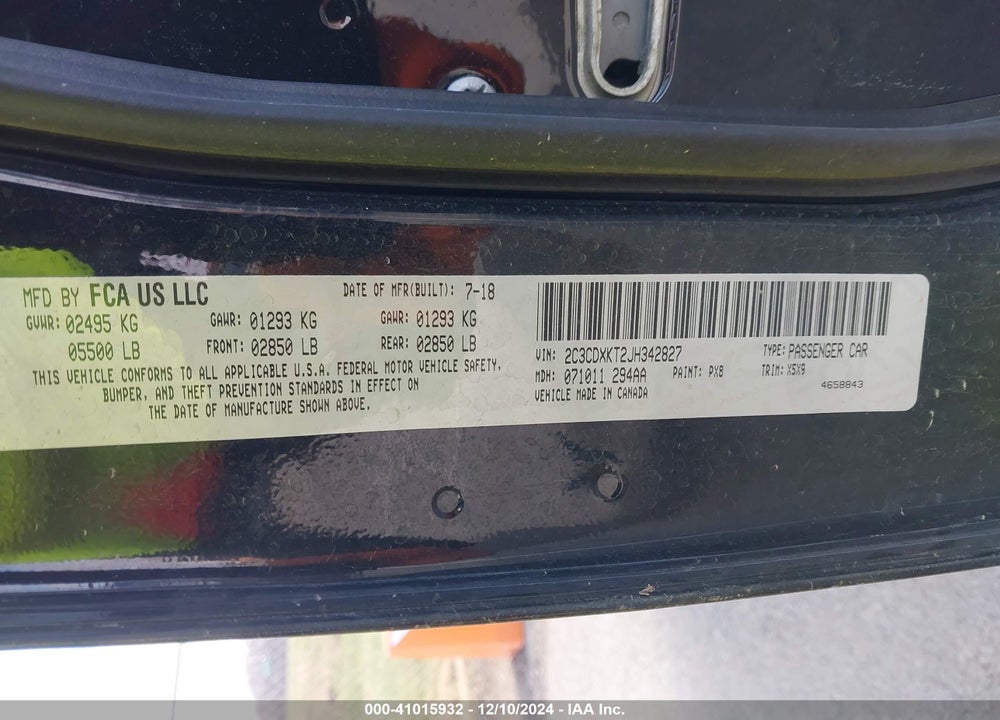 2018 DODGE CHARGER VIN: 2C3CDXKT2JH342827