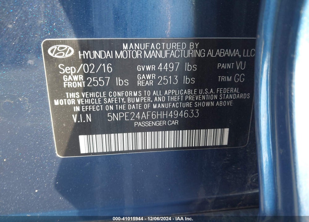 2017 HYUNDAI SONATA VIN: 5NPE24AF6HH494633