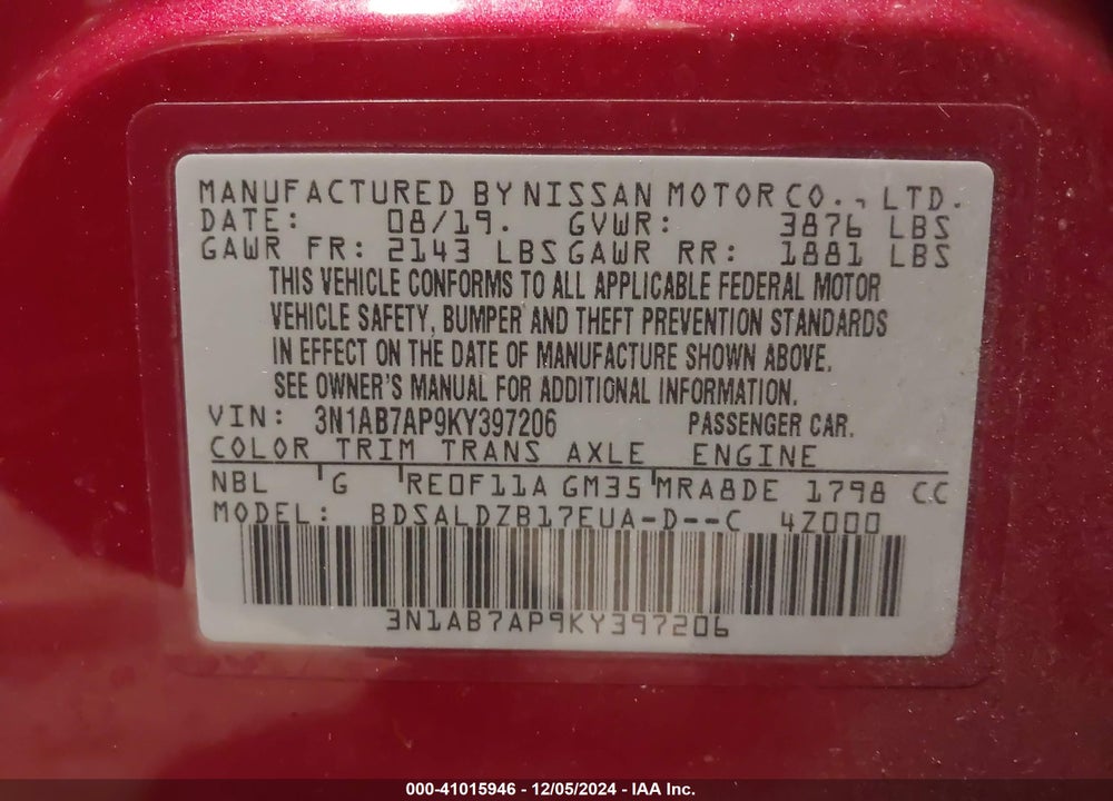 2019 NISSAN SENTRA SV VIN: 3N1AB7AP9KY397206
