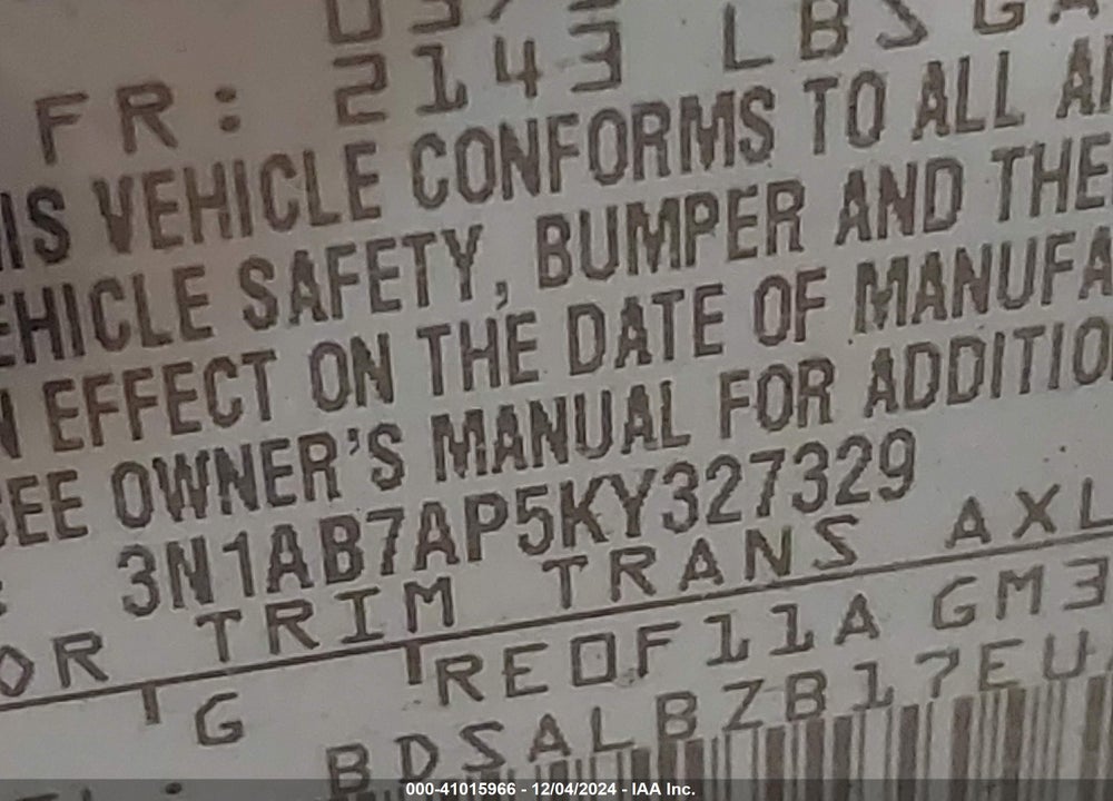 2019 NISSAN SENTRA VIN: 3N1AB7AP5KY327329