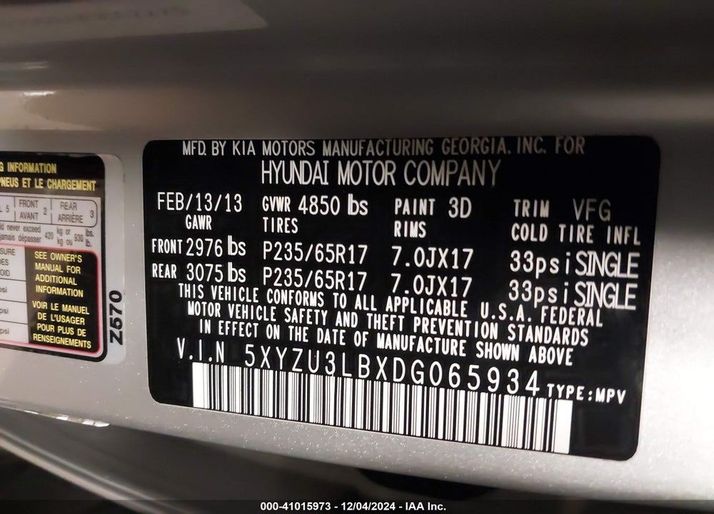 2013 HYUNDAI SANTA FE SPORT VIN: 5XYZU3LBXDG065934