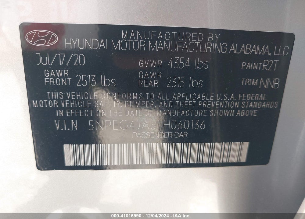 2020 HYUNDAI SONATA VIN: 5NPEG4JA5LH060136