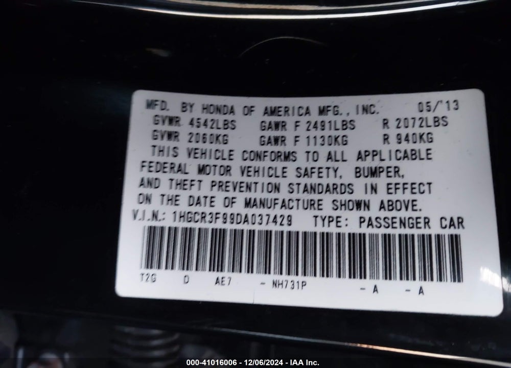 2013 HONDA ACCORD TOURING VIN: 1HGCR3F99DA037429