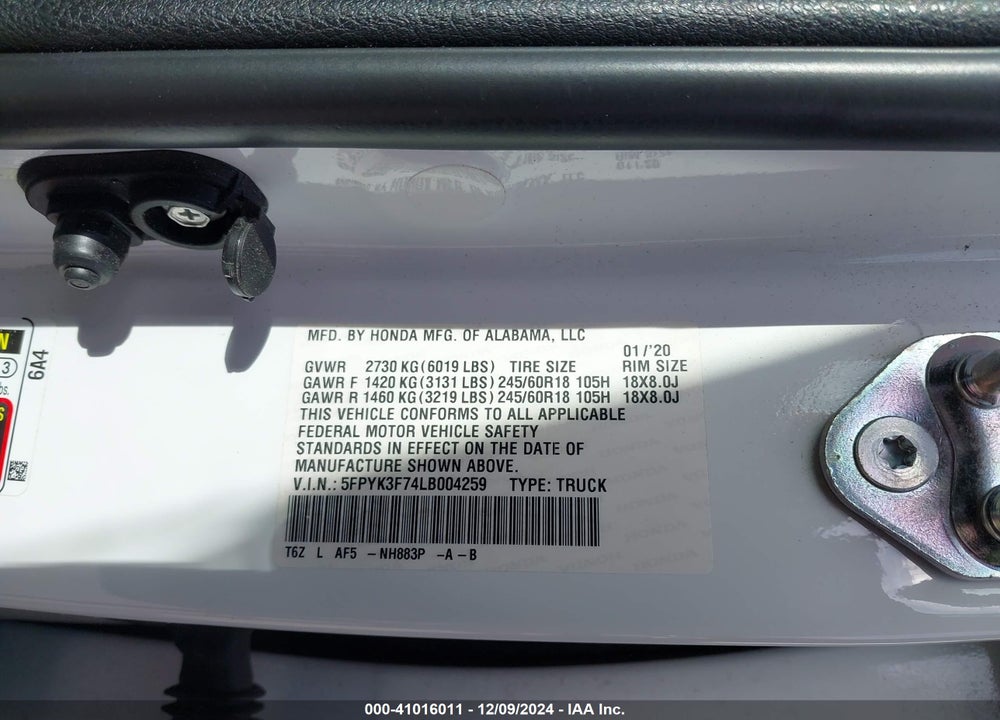 2020 HONDA RIDGELINE RTL-E VIN: 5FPYK3F74LB004259