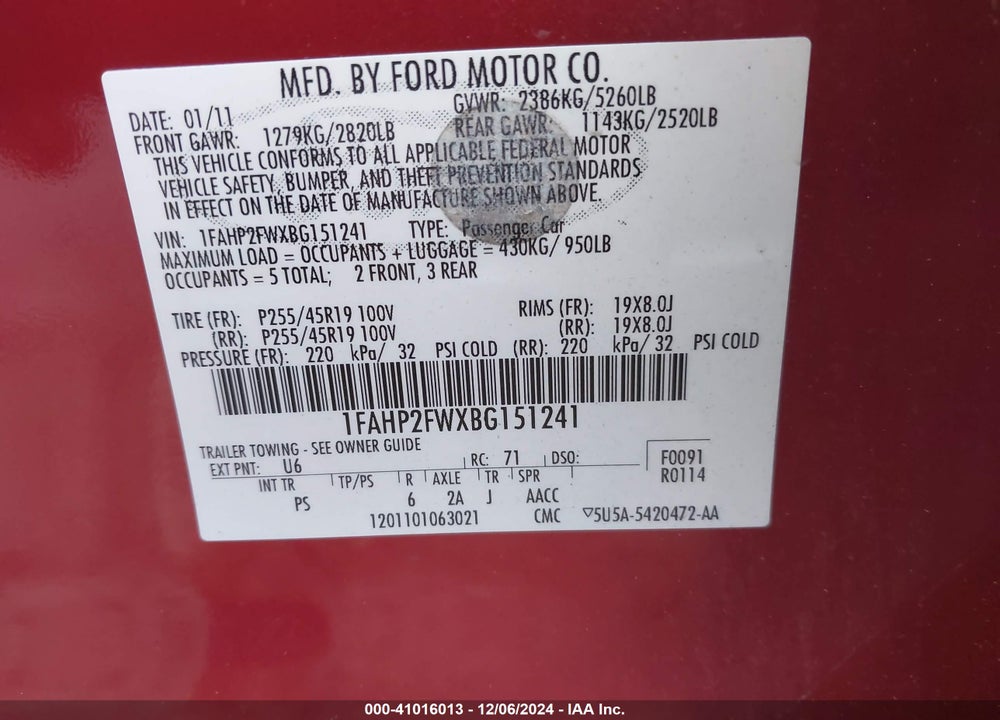 2011 FORD TAURUS LIMITED VIN: 1FAHP2FWXBG151241