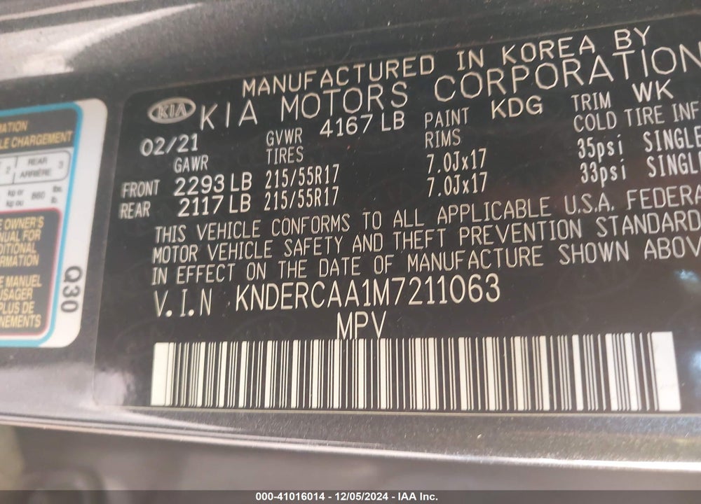 2021 KIA SELTOS EX VIN: KNDERCAA1M7211063