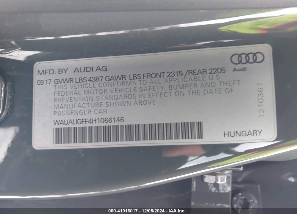 2017 AUDI A3 2.0T PREMIUM VIN: WAUAUGFF4H1066146