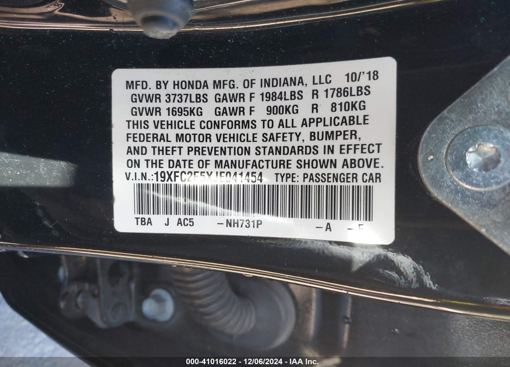2018 HONDA CIVIC VIN: 19XFC2F5XJE041454