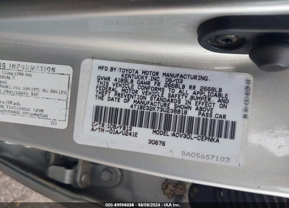 2003 TOYOTA CAMRY LE VIN: 4T1BE32K73U238818