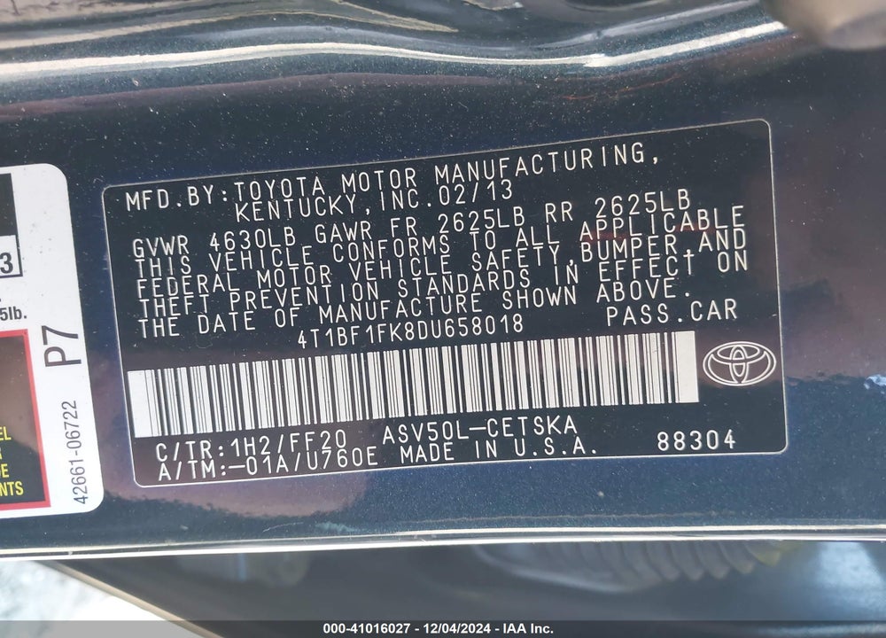 2013 TOYOTA CAMRY SE VIN: 4T1BF1FK8DU658018