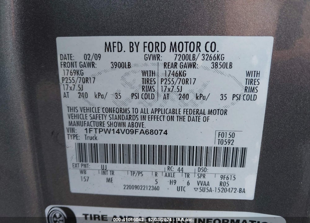 2009 FORD F-150 FX4/KING RANCH/LARIAT/PLATINUM/XL/XLT VIN: 1FTPW14V09FA68074