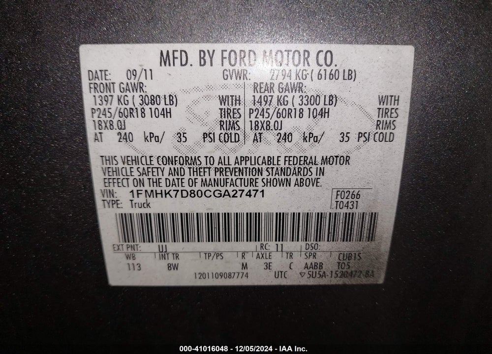 2012 FORD EXPLORER XLT VIN: 1FMHK7D80CGA27471