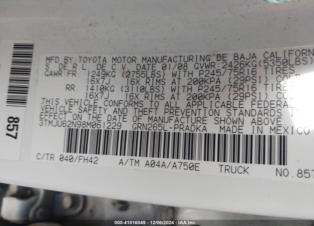 2008 TOYOTA TACOMA PRERUNNER V6 VIN: 3TMJU62N98M061229
