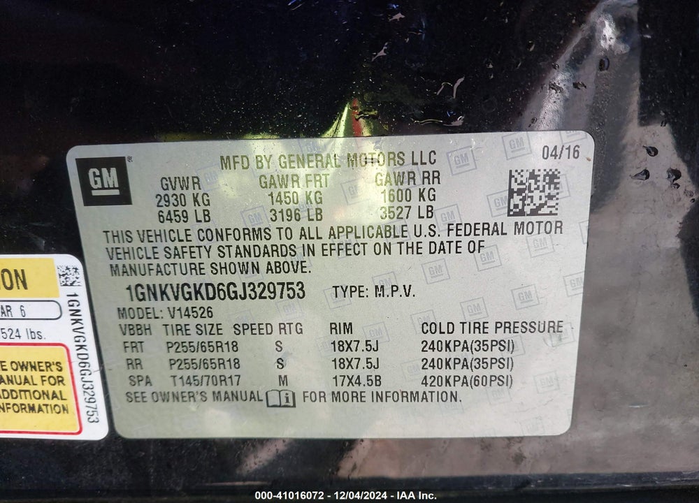 2016 CHEVROLET TRAVERSE 1LT VIN: 1GNKVGKD6GJ329753