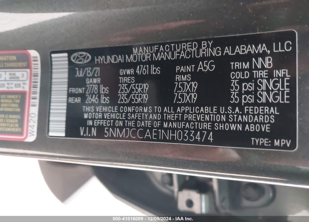 2022 HYUNDAI TUCSON SEL VIN: 5NMJCCAE1NH033474
