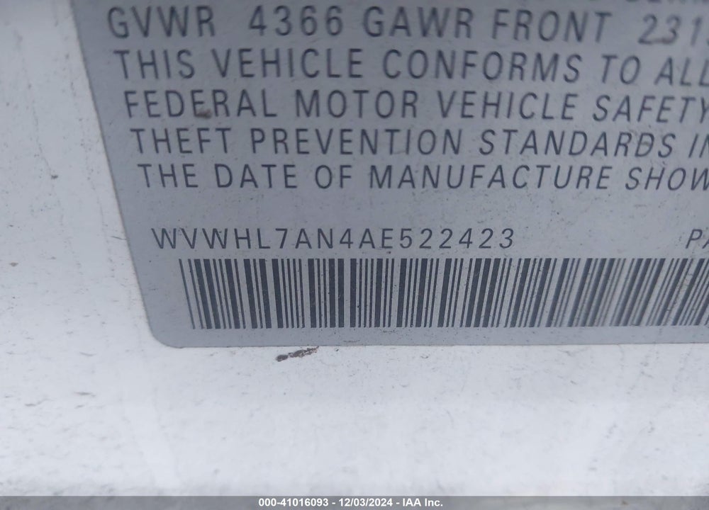 2010 VOLKSWAGEN CC LUXURY VIN: WVWHL7AN4AE522423