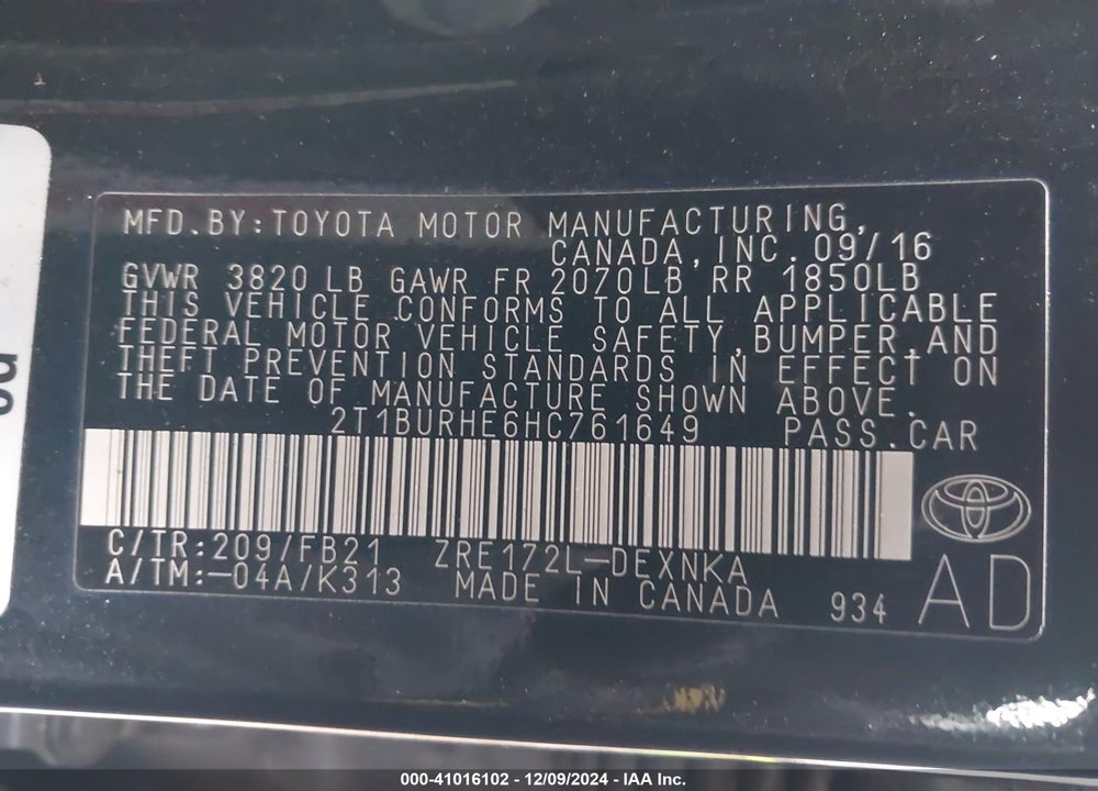2017 TOYOTA COROLLA L/LE/XLE/SE/XSE VIN: 2T1BURHE6HC761649