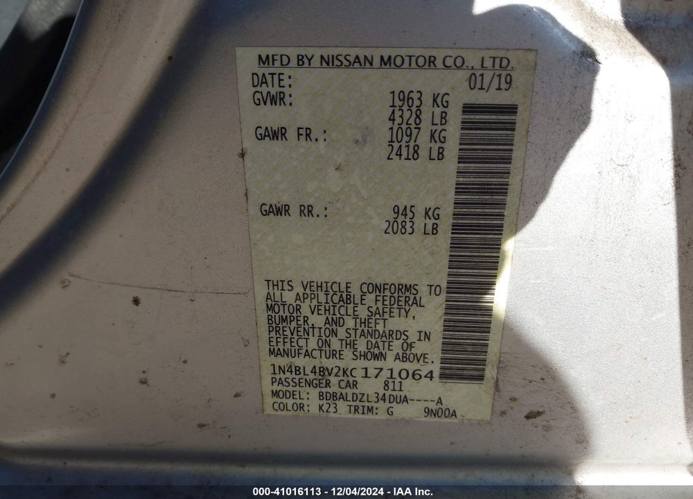 2019 NISSAN ALTIMA VIN: 1N4BL4BV2KC171064