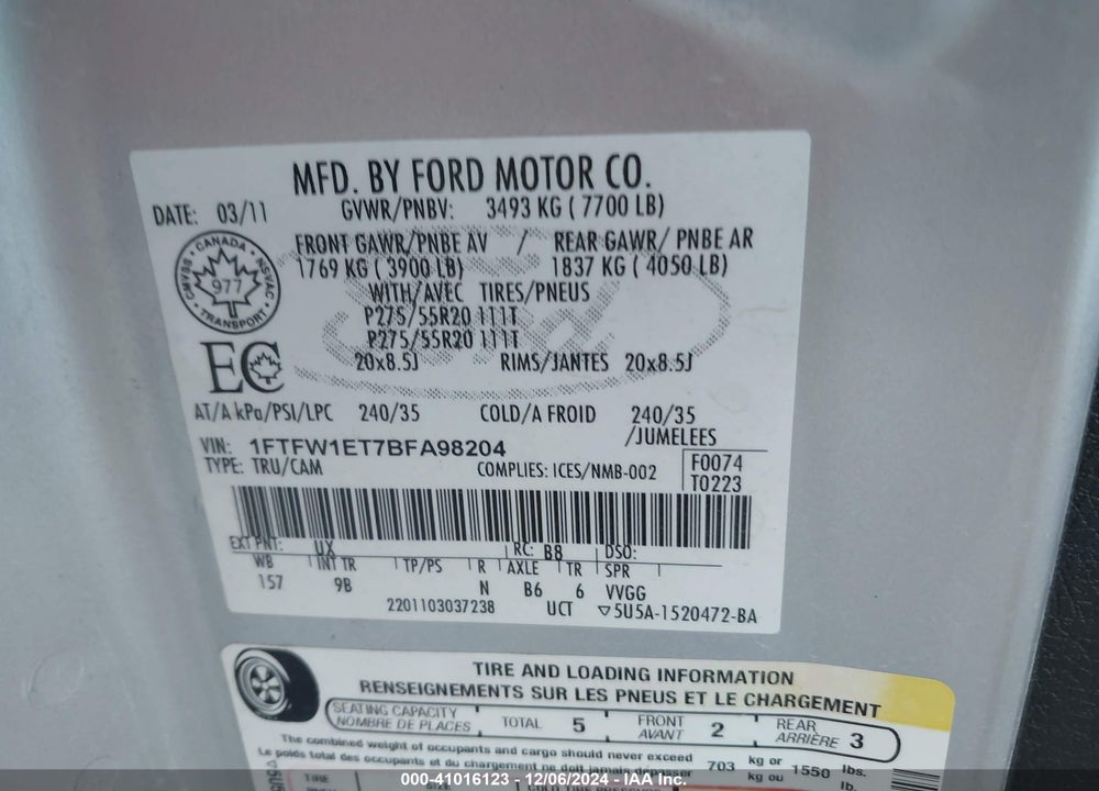2011 FORD F-150 PLATINUM VIN: 1FTFW1ET7BFA98204