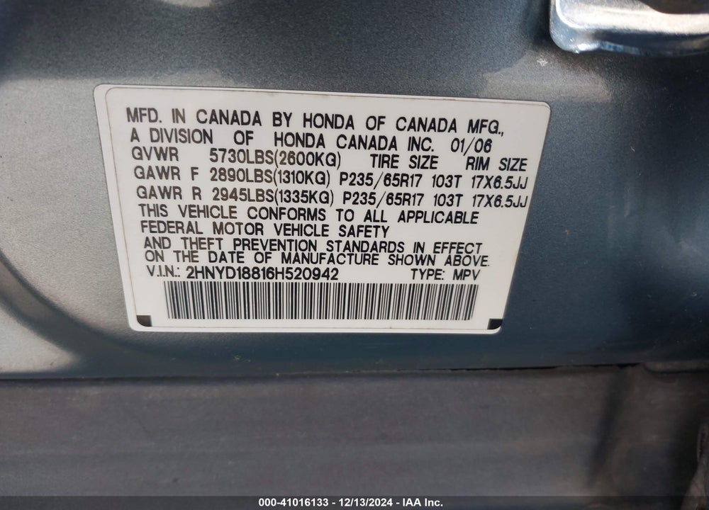 2006 ACURA MDX VIN: 2HNYD18816H520942