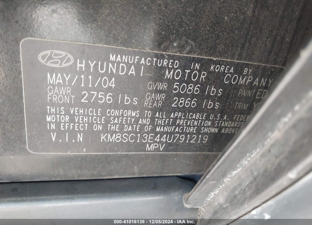2004 HYUNDAI SANTA FE GLS/LX VIN: KM8SC13E44U791219