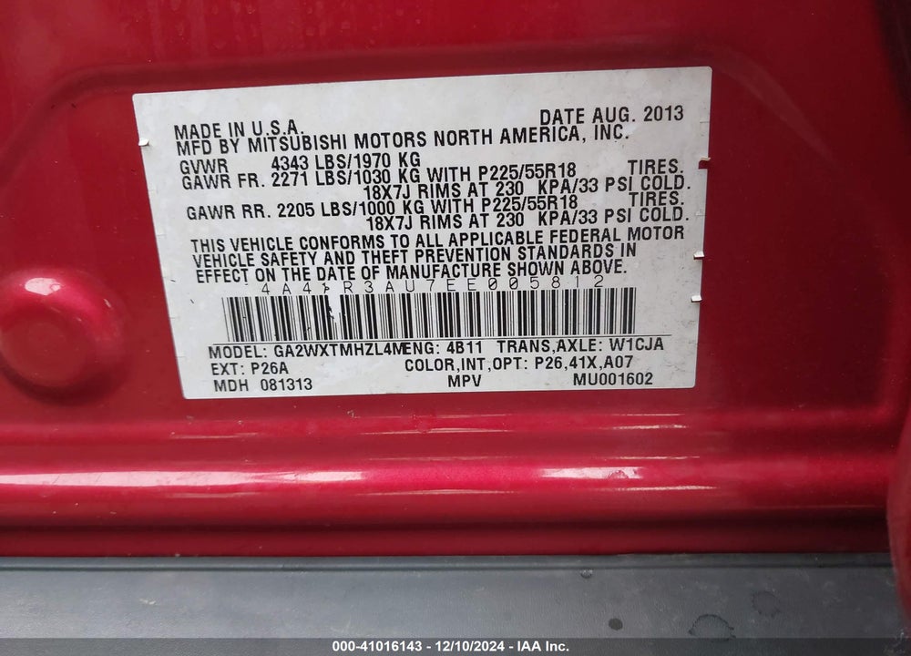 2014 MITSUBISHI OUTLANDER SPORT ES VIN: 4A4AR3AU7EE005812