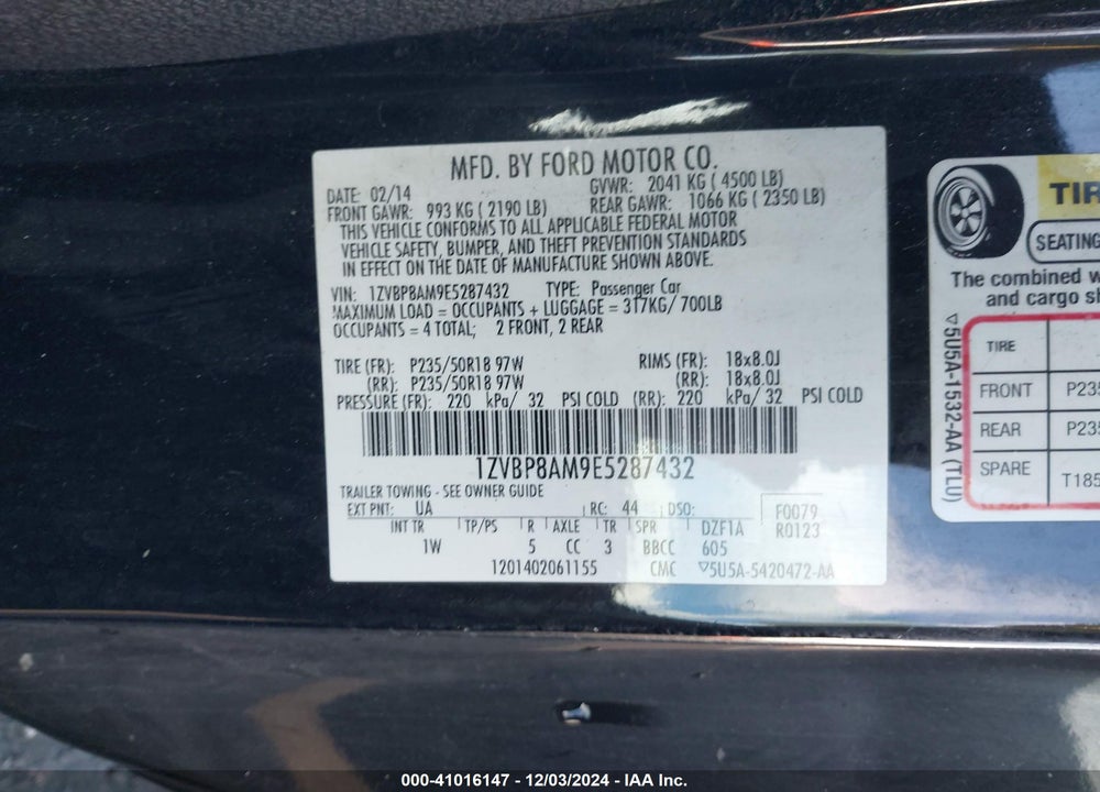 2014 FORD MUSTANG VIN: 1ZVBP8AM9E5287432