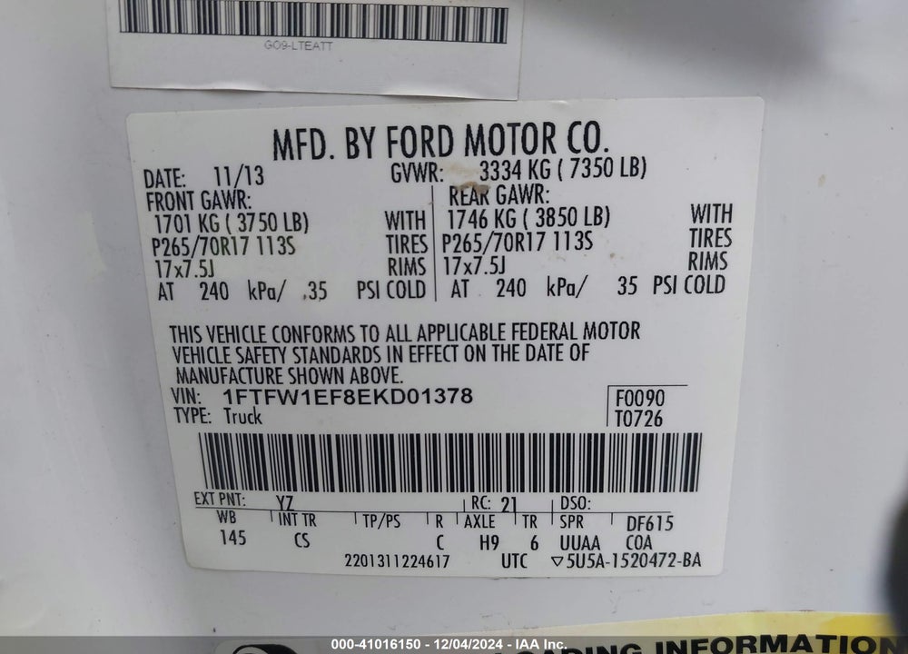 2014 FORD F-150 XL VIN: 1FTFW1EF8EKD01378