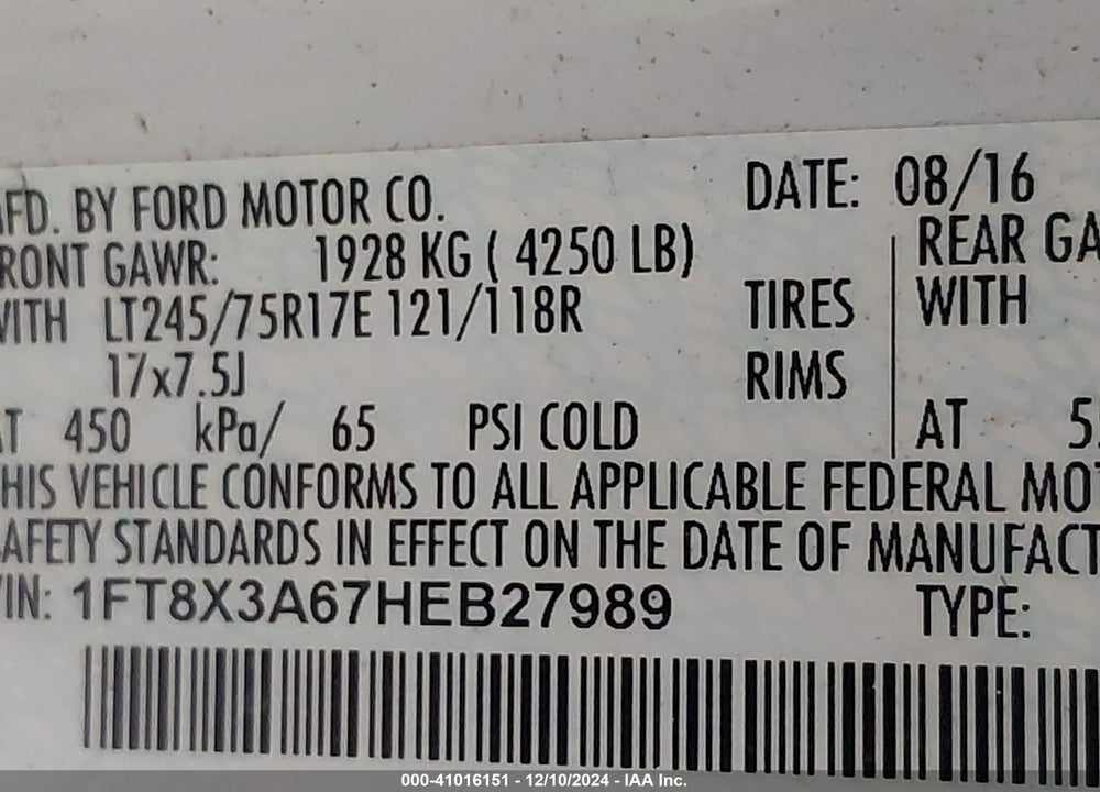 2017 FORD F-350 XL VIN: 1FT8X3A67HEB27989