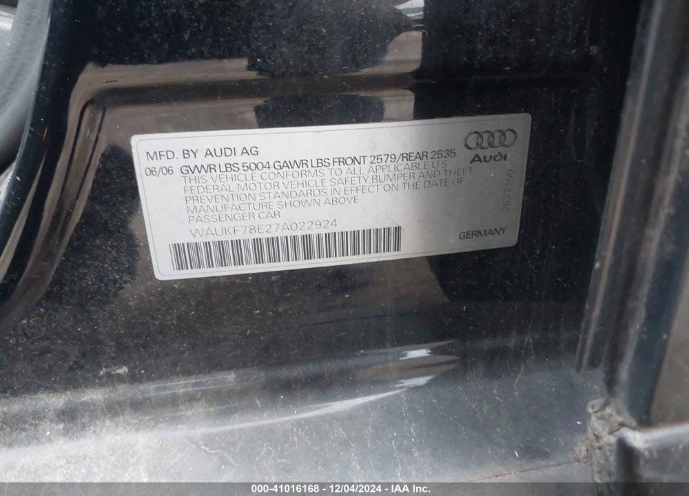 2007 AUDI A4 2.0T AVANT VIN: WAUKF78E27A022924