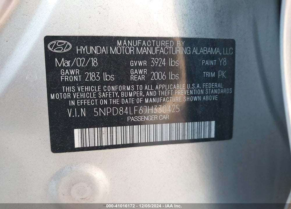 2018 HYUNDAI ELANTRA SEL VIN: 5NPD84LF6JH330425