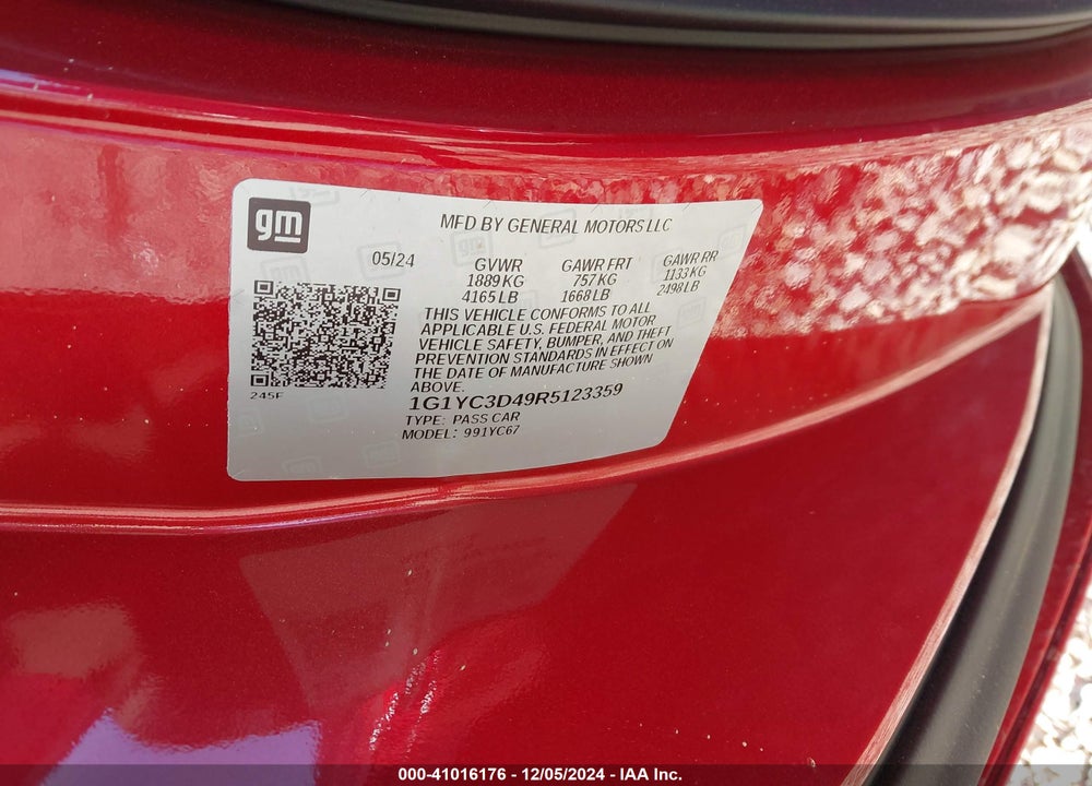 2024 CHEVROLET CORVETTE STINGRAY VIN: 1G1YC3D49R5123359