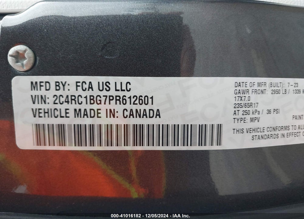 2023 CHRYSLER PACIFICA TOURING L VIN: 2C4RC1BG7PR612601
