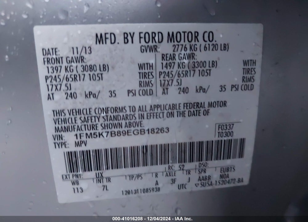 2014 FORD EXPLORER VIN: 1FM5K7B89EGB18263