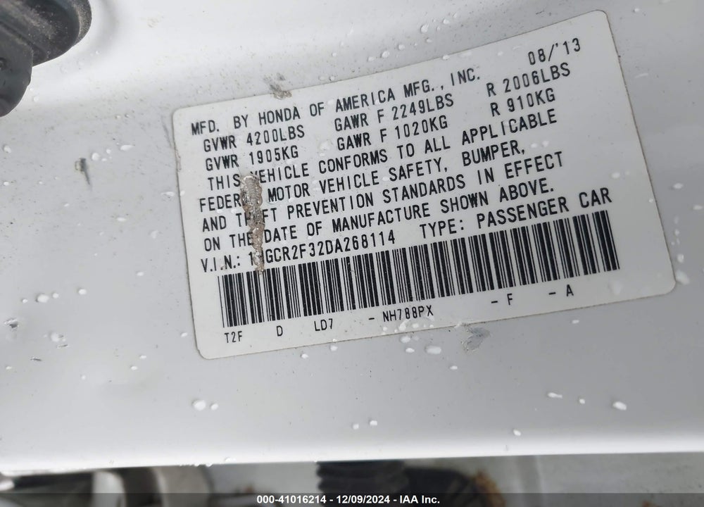 2013 HONDA ACCORD LX VIN: 1HGCR2F32DA268114