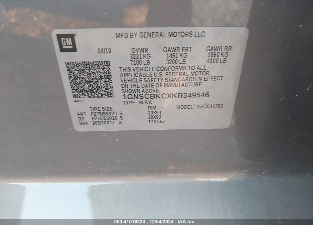 2019 CHEVROLET TAHOE LT VIN: 1GNSCBKCXKR349546