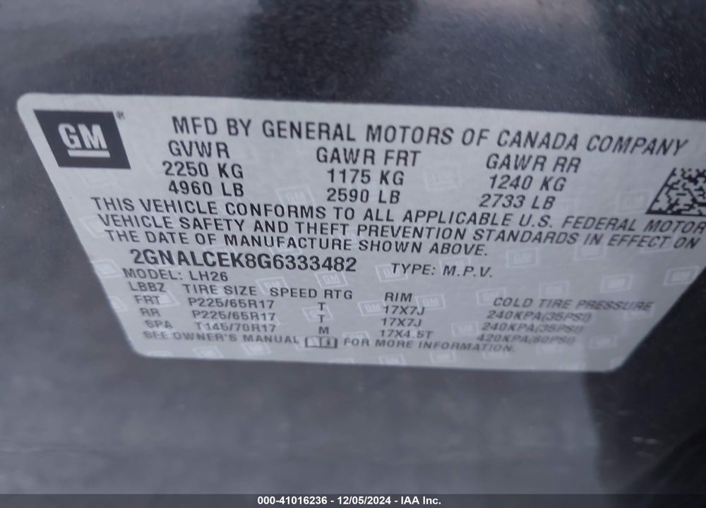 2016 CHEVROLET EQUINOX LT VIN: 2GNALCEK8G6333482