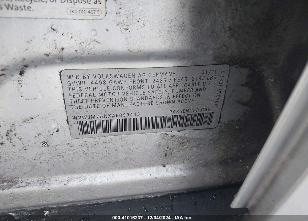 2010 VOLKSWAGEN PASSAT VIN: WVWJM7ANXAE099443