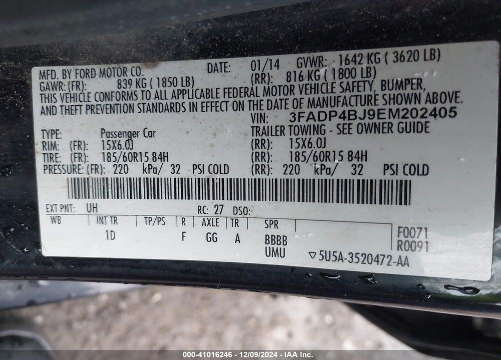 2014 FORD FIESTA SE VIN: 3FADP4BJ9EM202405