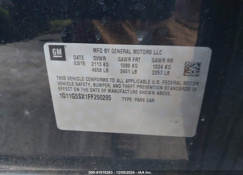 2015 CHEVROLET MALIBU 2LZ VIN: 1G11G5SX1FF290285