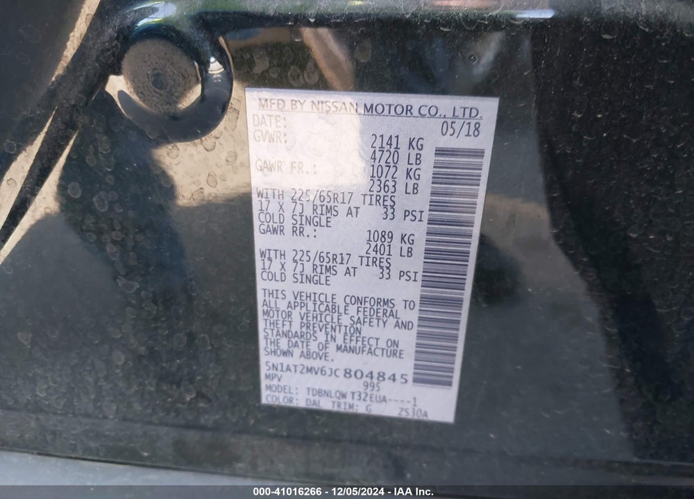 2018 NISSAN ROGUE SV VIN: 5N1AT2MV6JC804845